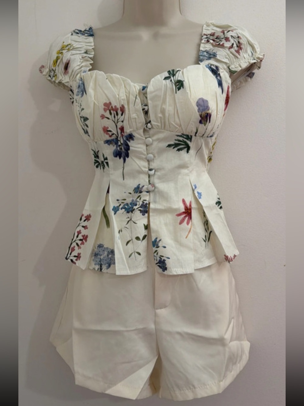 Floral Puff-Sleeve Button Front Peplum Top — Cream with Multicolor Floral Print